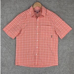 Simms Mens Medium Orange Plaid Short Sleeve Button Up Shirt